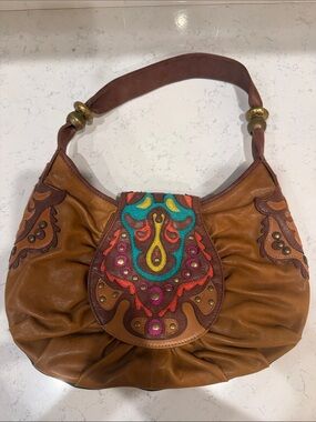 Y2K Colorful Western Brown Leather Shoulder Bag with Multicolor and Stud Flap